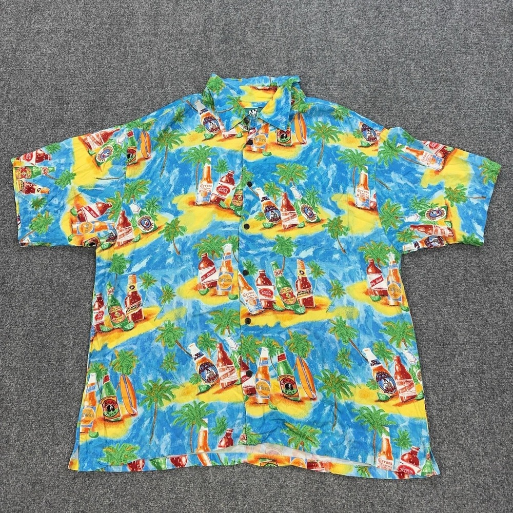 Big Dogs Shirt Mens 2XL Blue Beer‎ Print Short Sleeve Hawaiian Button Up Rayon